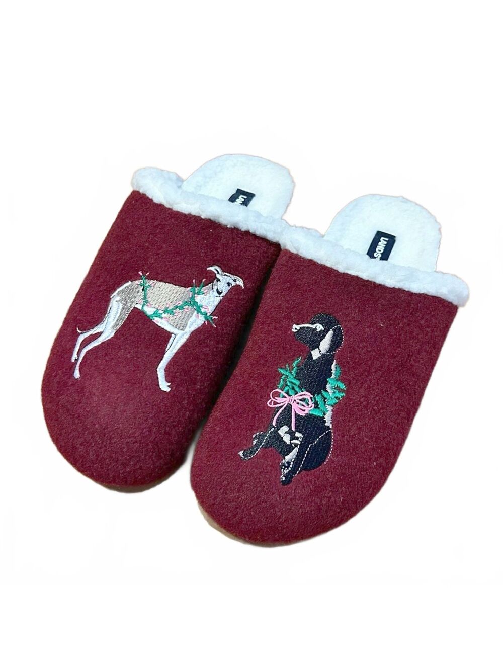 Lands’ End Women's Sherpa Lined Clog House Slippers Burgundy Multi Dog NWOT Sz 8